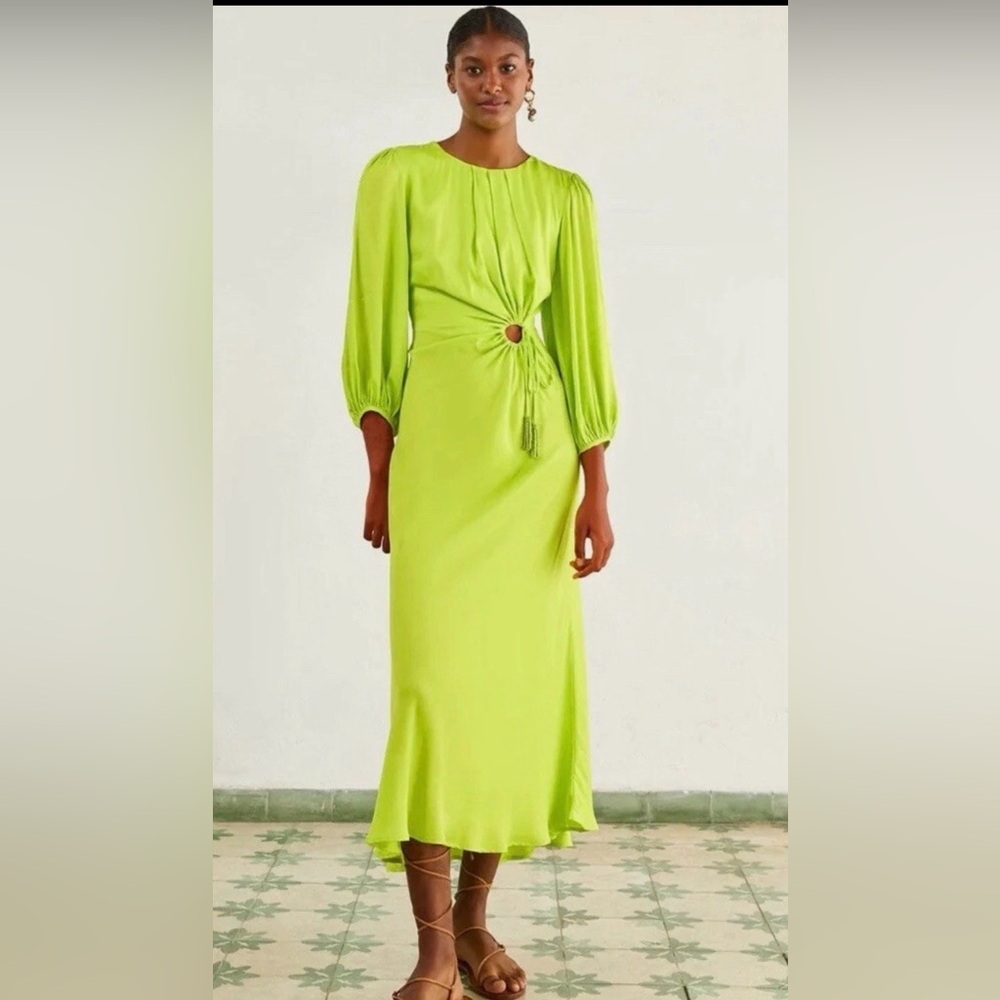 Farm Rio Lime Green Cutout Midi Dress NWT – Balloon Sleeve, Tassel Tie - Picture 4 of 16